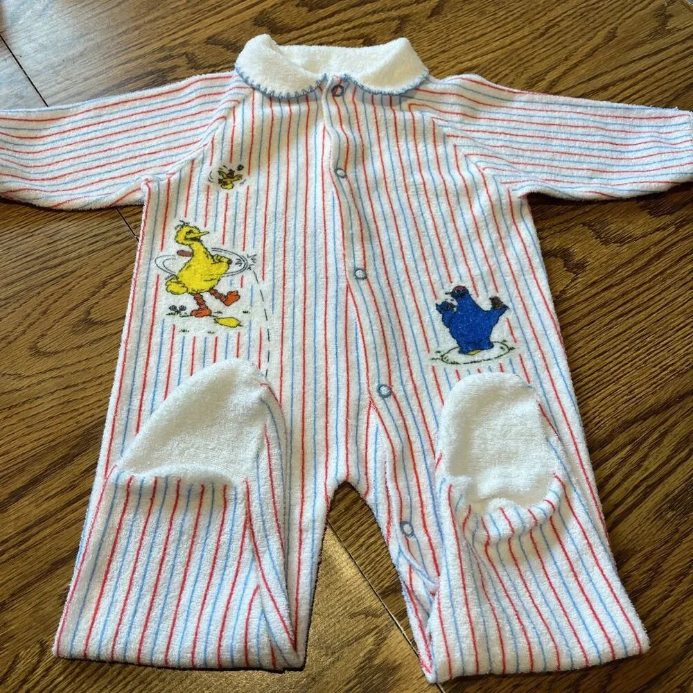 VTG Baby Sesame Street Baseball Terry Footy Pajamas Size 1 18.5-23 Lbs. JC Penny